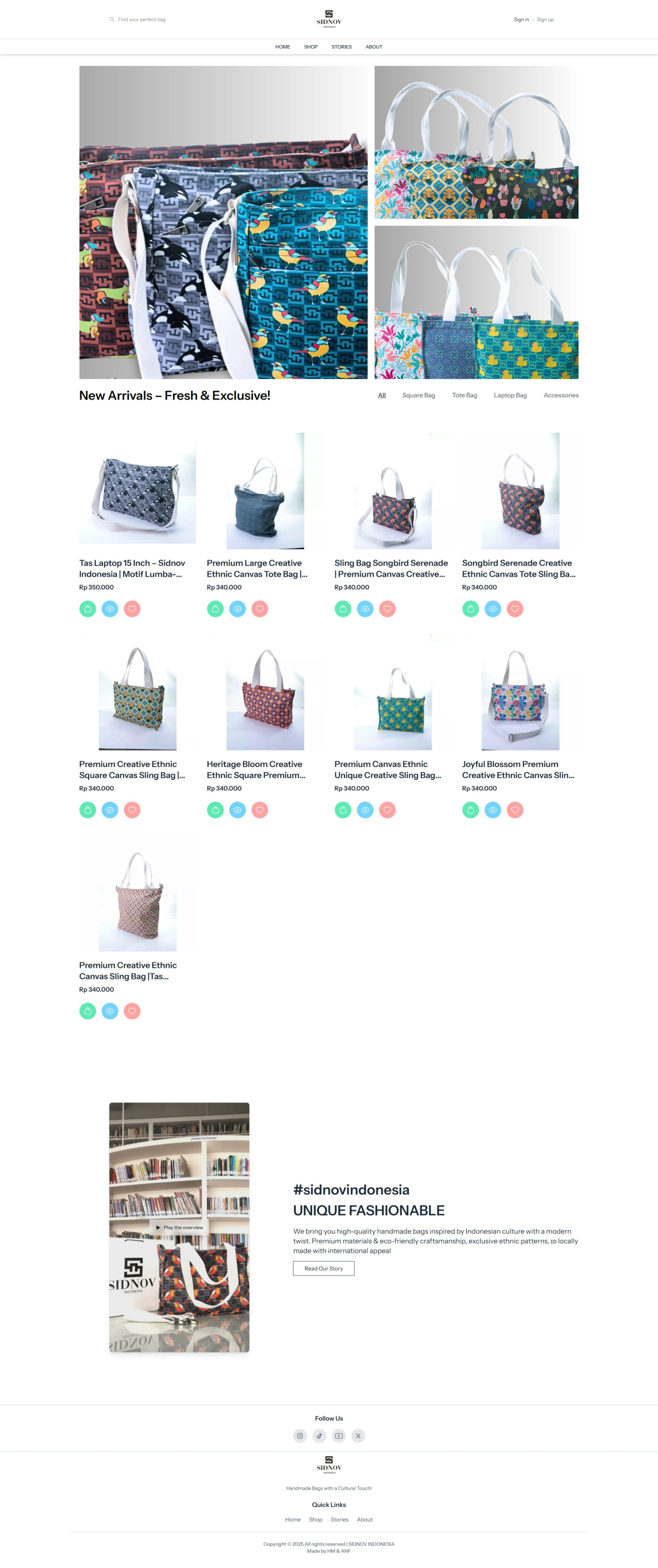 SIDNOV storefront featuring handmade ethnic bags, product categories, new arrivals, and brand content