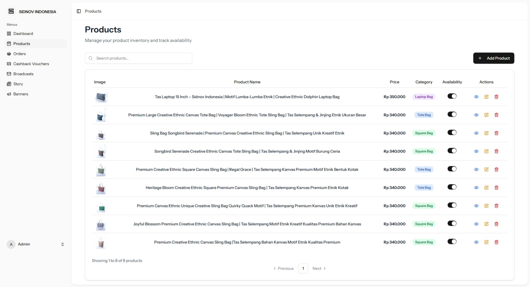 SIDNOV product administration page with search, inventory records, availability toggles, and management actions