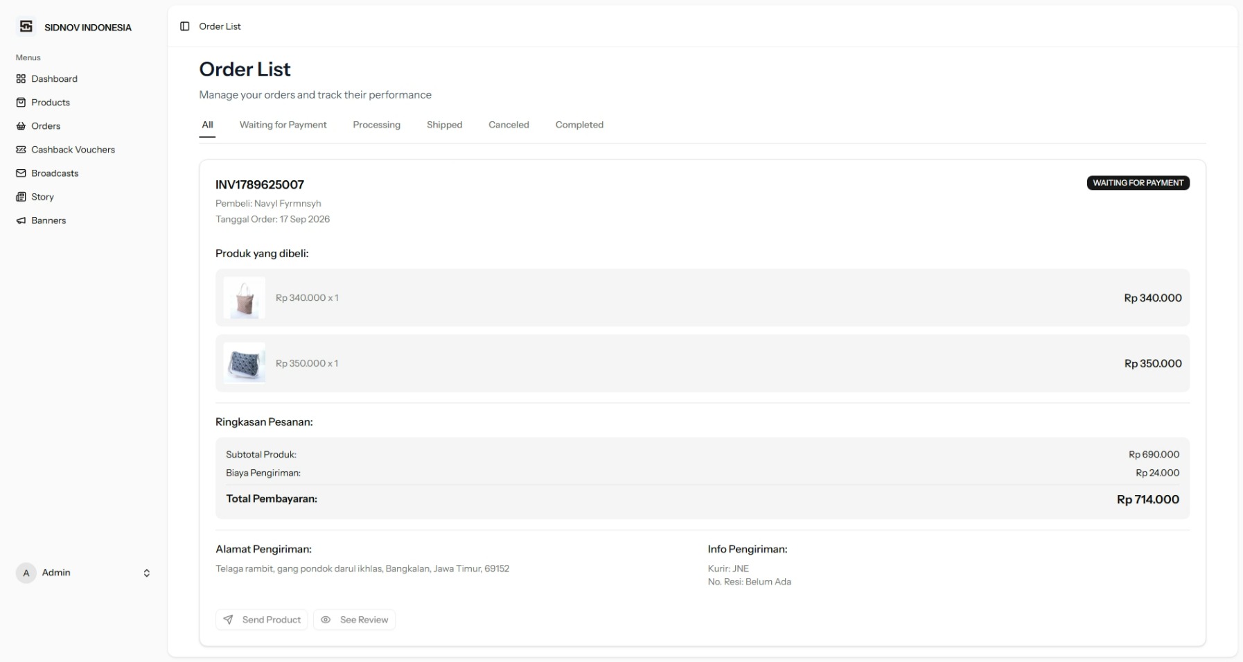 SIDNOV order administration page showing order status, purchased products, totals, address, and shipping information