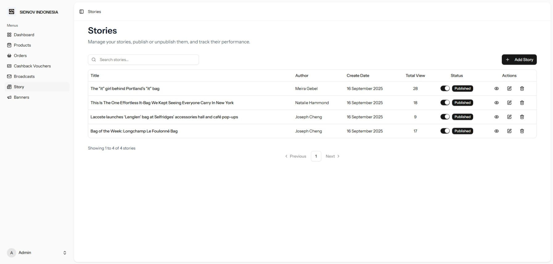 SIDNOV story administration page with article authors, publication dates, views, statuses, and management actions