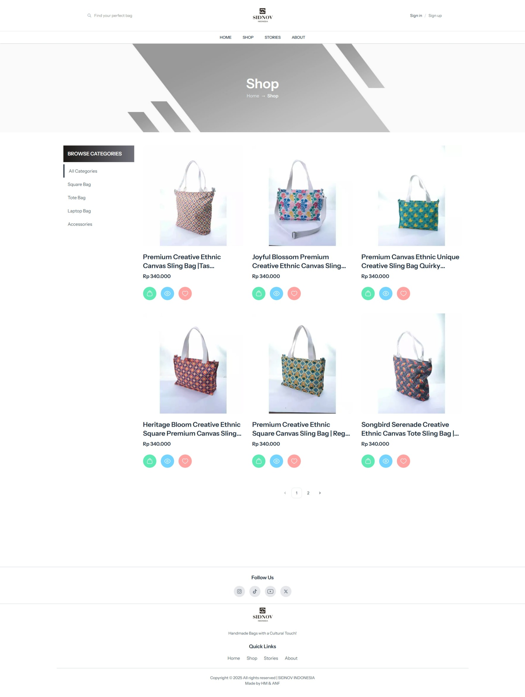 SIDNOV shop page with bag categories, product cards, prices, and pagination