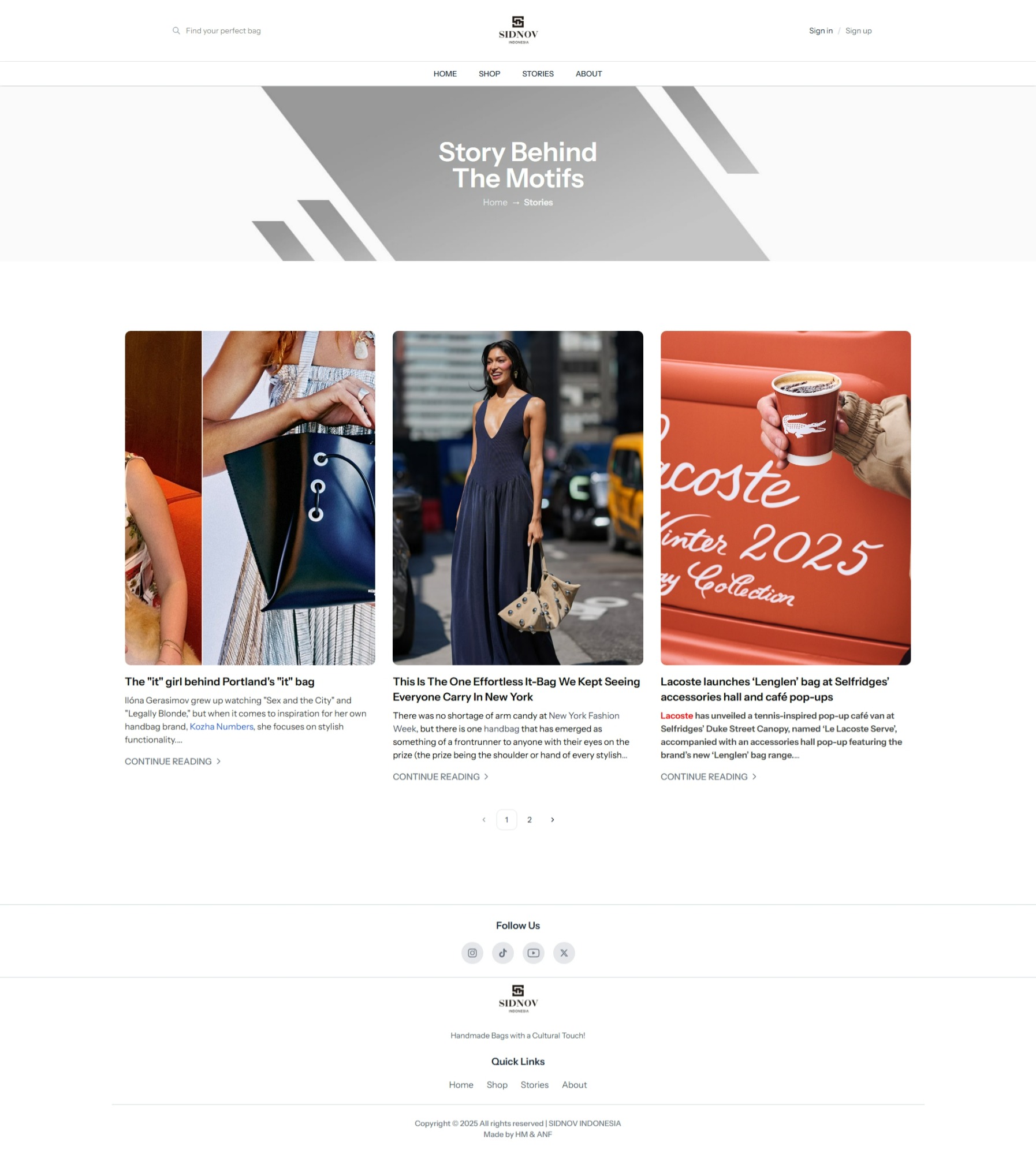 SIDNOV stories page showing published fashion articles with images, excerpts, and pagination