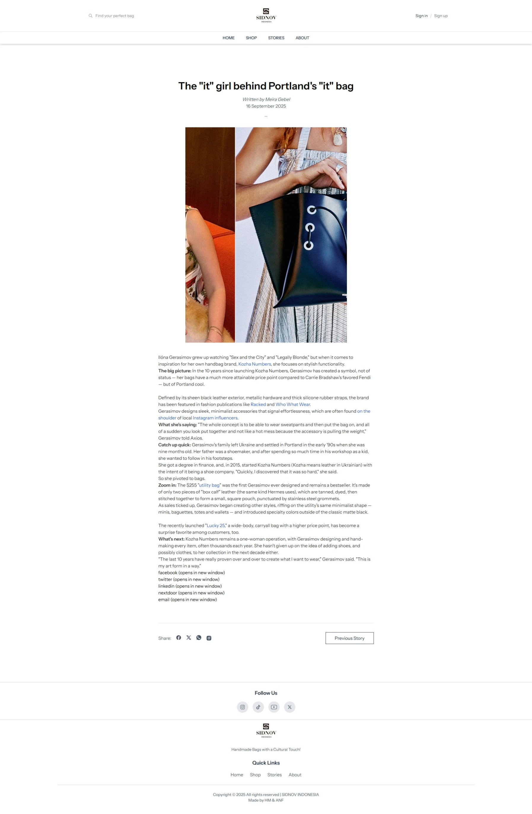 SIDNOV story detail page with article metadata, a feature image, body content, and sharing controls