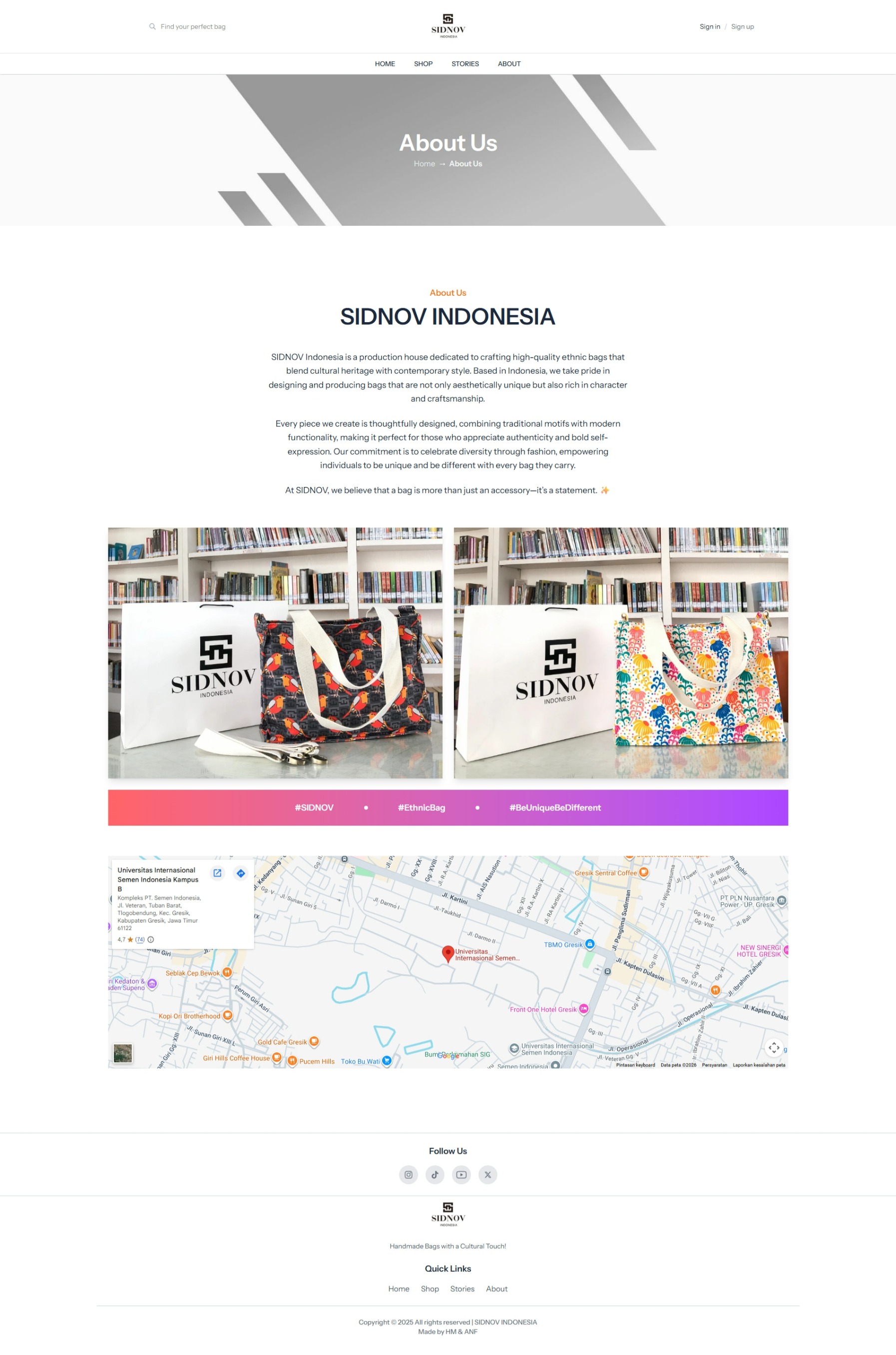 SIDNOV about page describing the Indonesian handmade bag brand with product photography and a location map