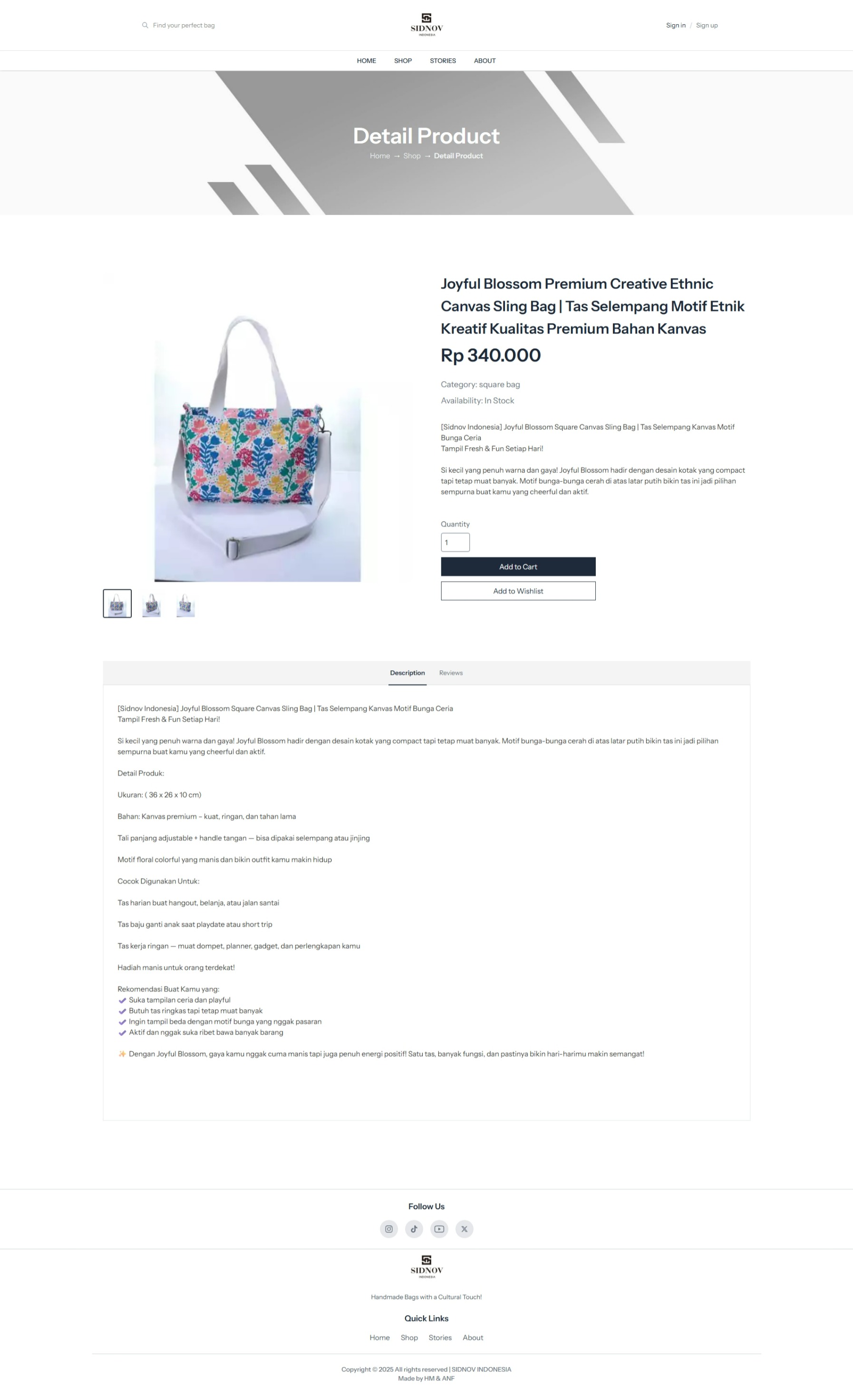 SIDNOV product detail page with an image gallery, price, availability, quantity, cart, and wishlist controls