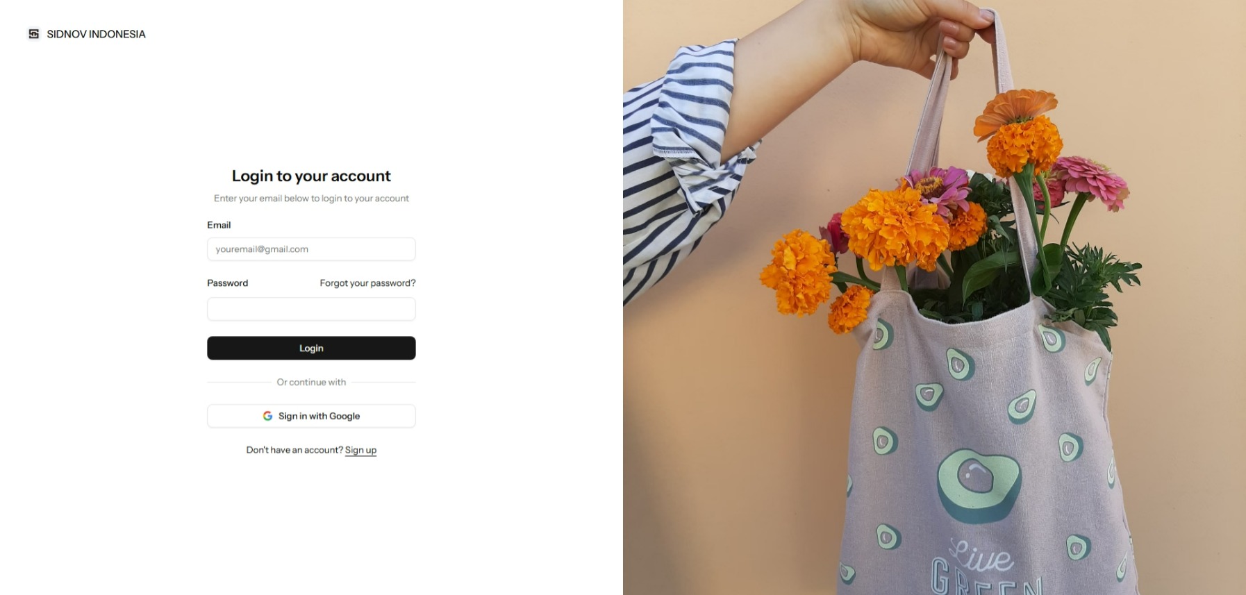 SIDNOV customer login page with email, password, Google sign-in, and registration options