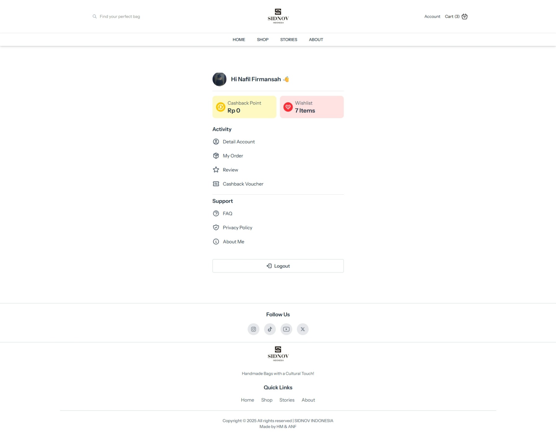 SIDNOV customer account overview showing cashback points, wishlist totals, and account activities
