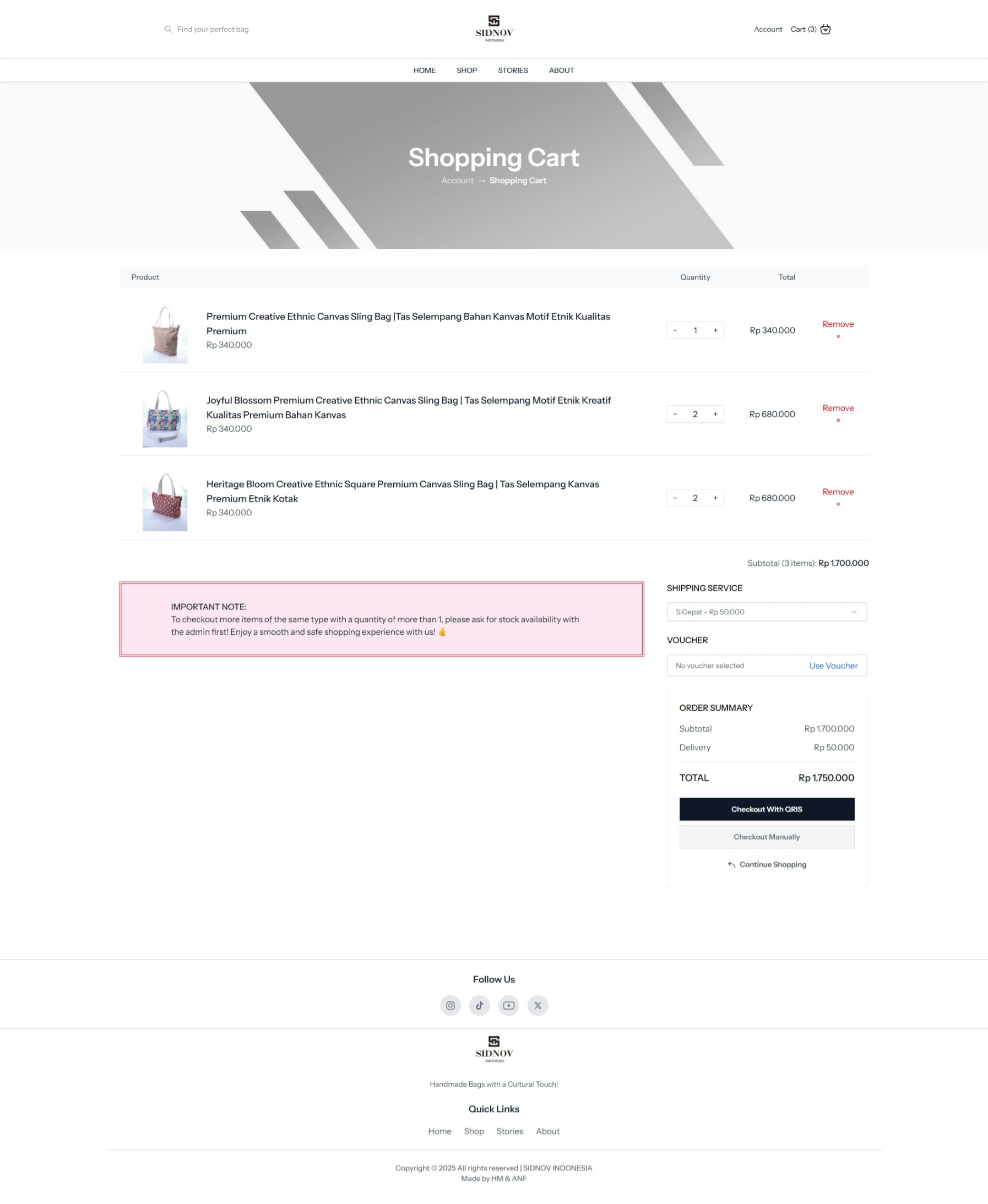 SIDNOV shopping cart showing product quantities, shipping selection, voucher controls, order totals, and checkout options
