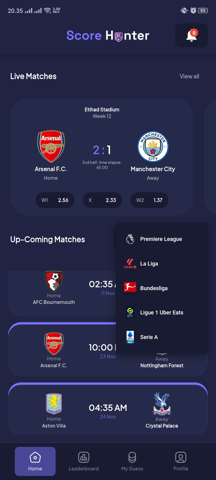 Score Hunter home screen with the football league selector open above the upcoming match list