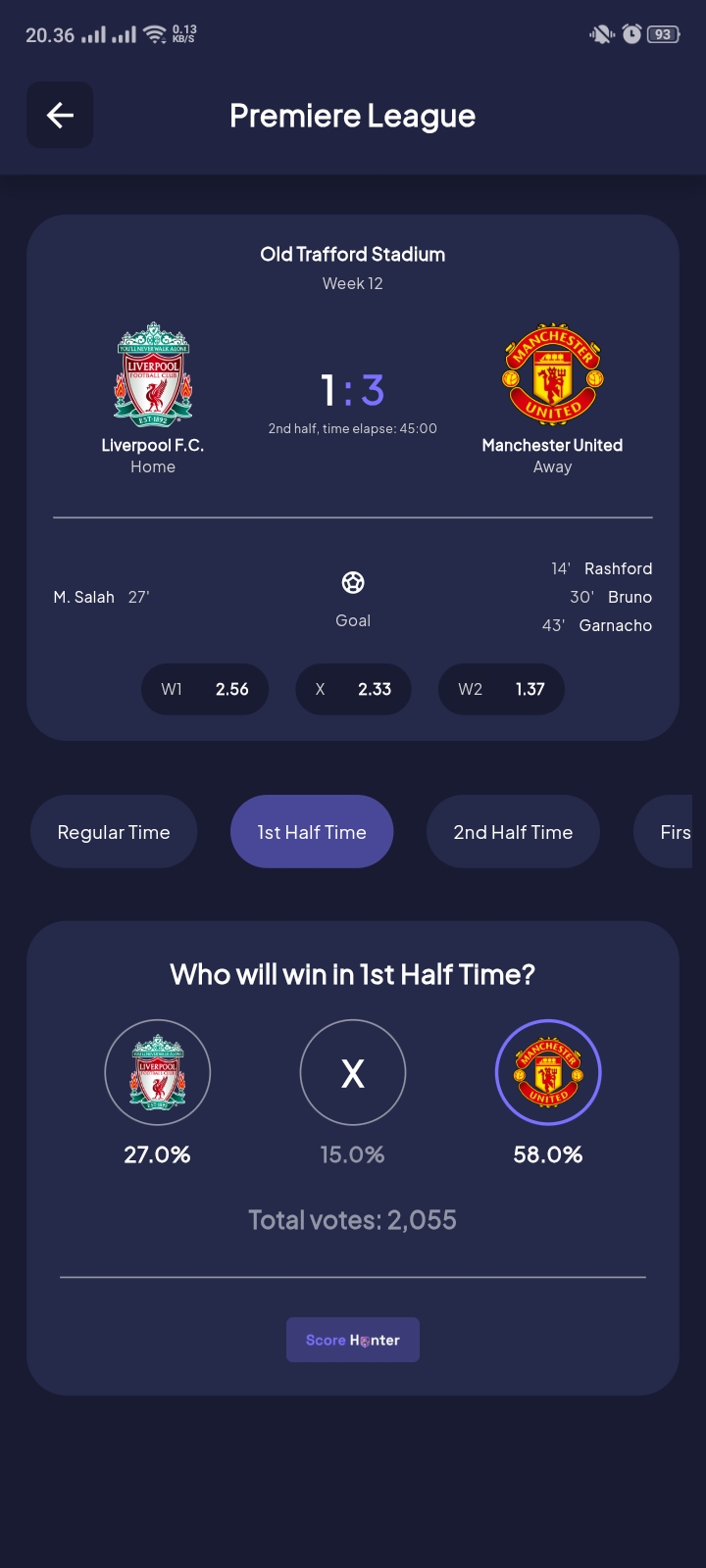 Score Hunter match detail screen showing the score, goal events, odds, prediction categories, and vote distribution