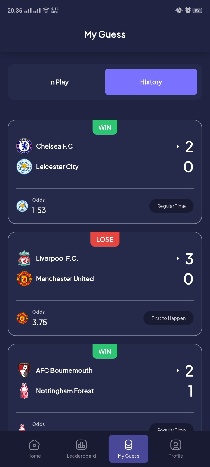 Score Hunter prediction history showing completed predictions marked as wins and losses