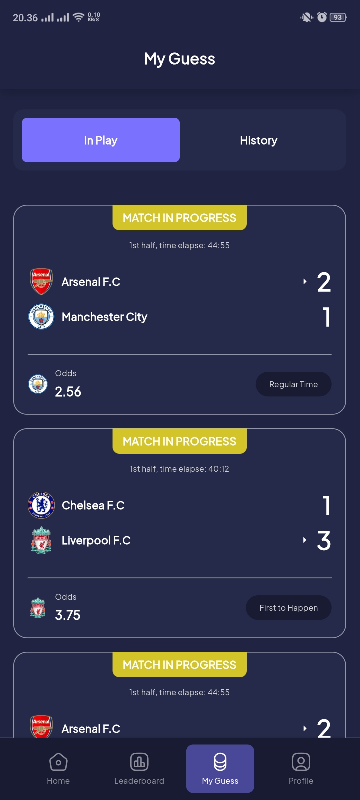 Score Hunter My Guess screen listing predictions for matches currently in progress