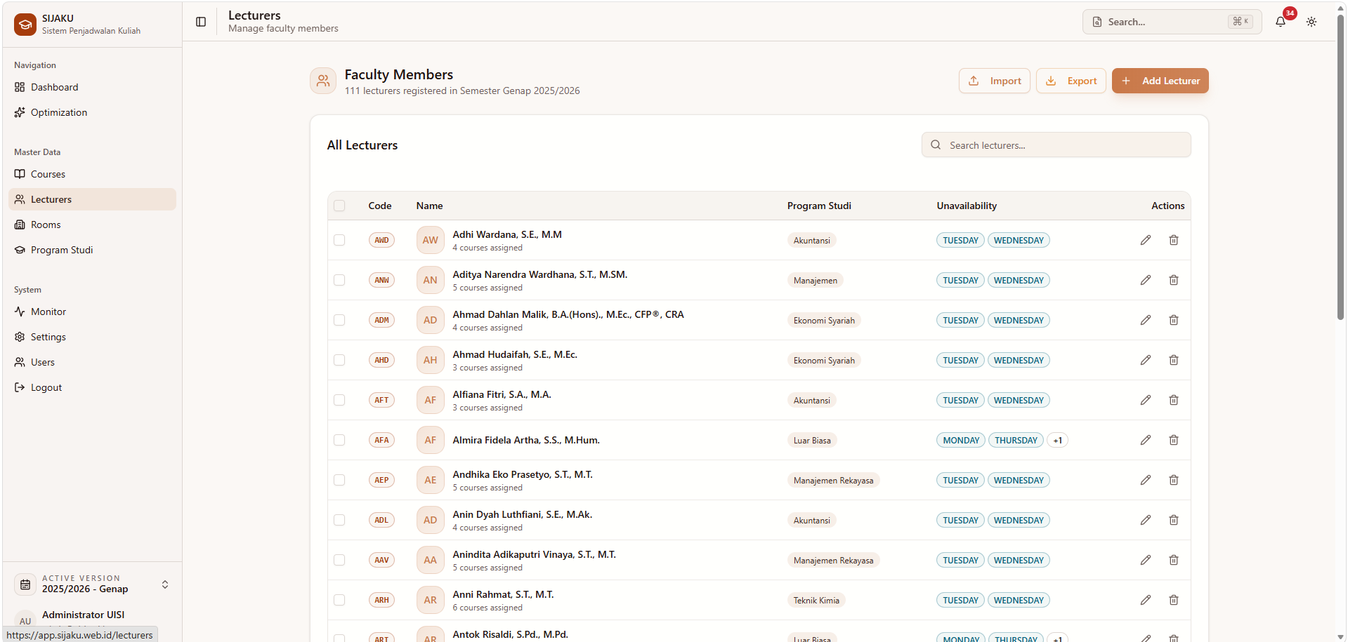 SIJAKU lecturer directory showing course assignments and unavailable teaching days