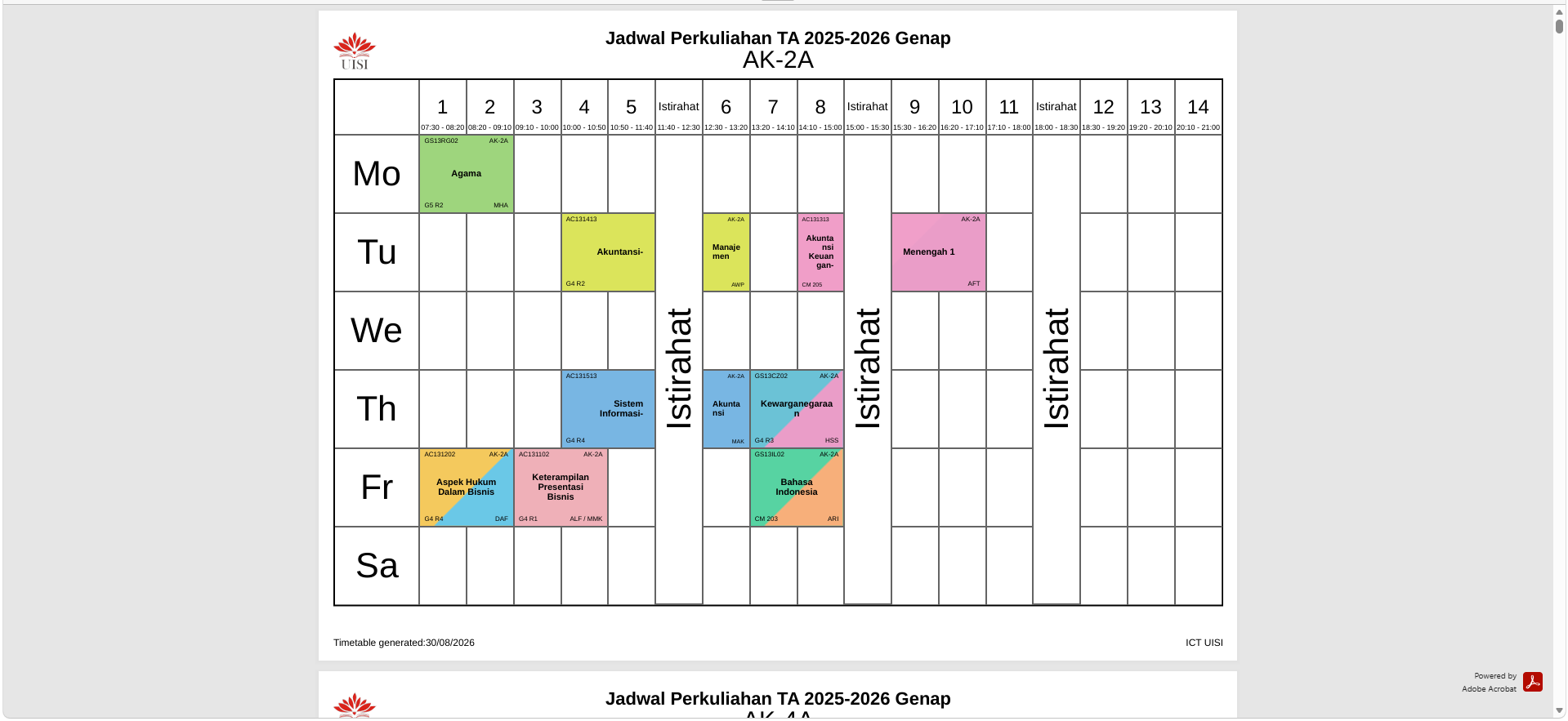 Exported SIJAKU course timetable displayed as a PDF document