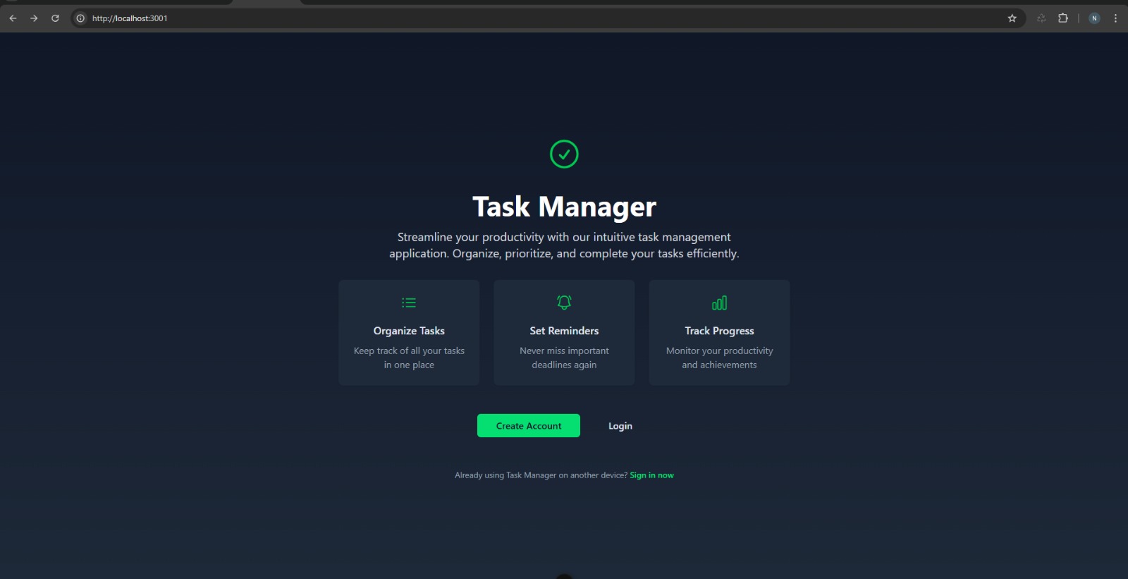 Taskify landing page introducing task organization, reminders, progress tracking, account creation, and login