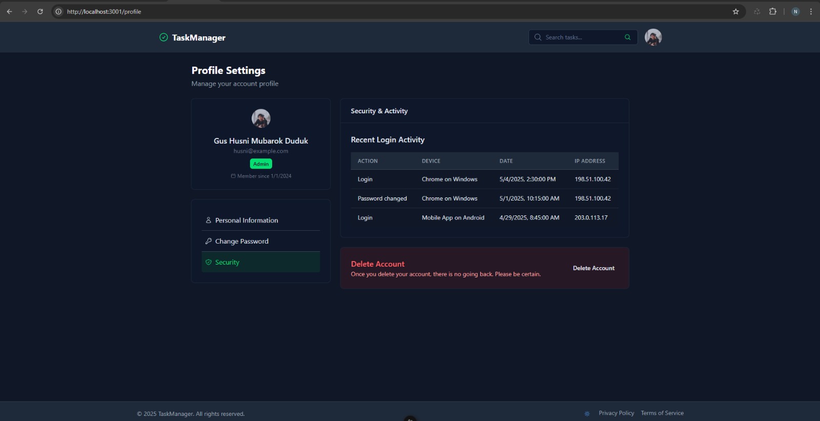 Taskify profile settings showing account details, recent login activity, security navigation, and account deletion